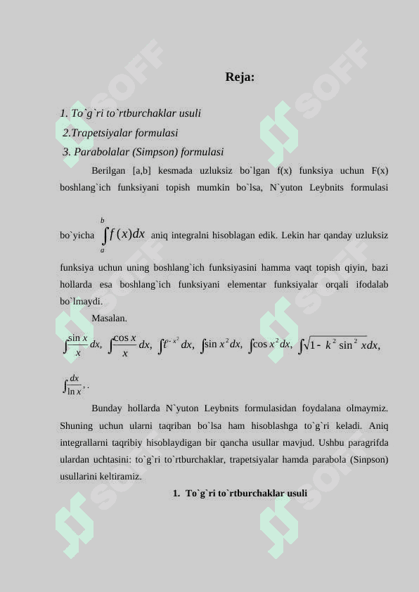 Integralni taqribiy hisoblash. 2