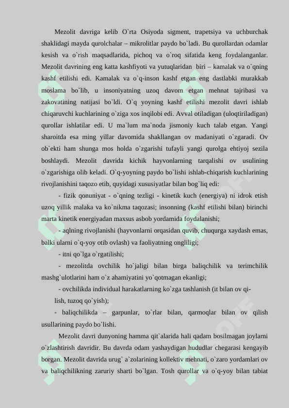Mezolit, davri lokal madaniyatlari. 1