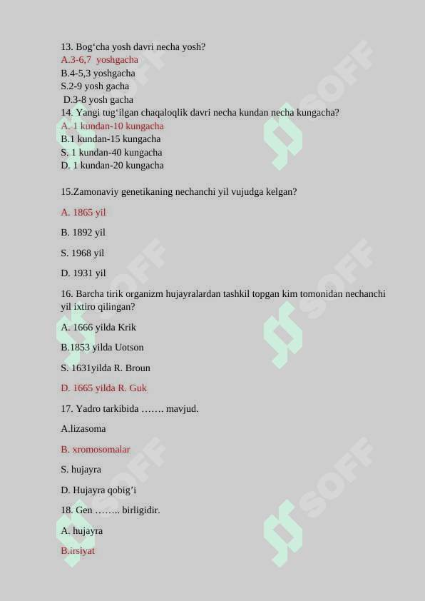 Yosh fiziologiyasi va gigiyena fanidan umumiy test savollari 3