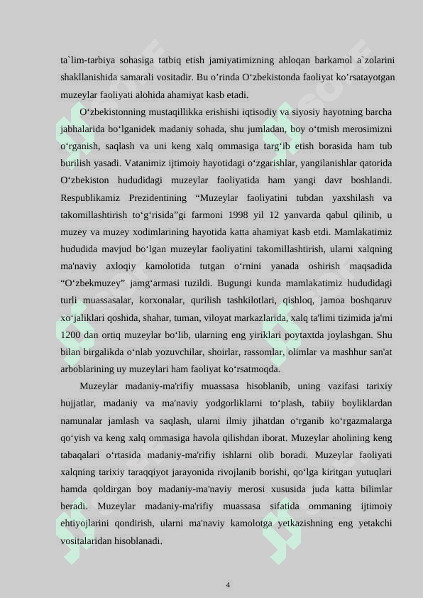 O‘ZBEKISTONDA MUZEYLAR VA KO‘RGAZMA ZALLARI FAOLIYATINI TASHLIK ETISH HAMDA BOSHQARISH 4