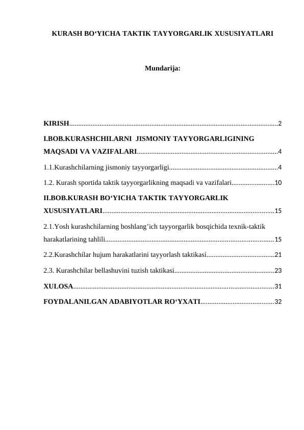 KURASH BO‘YICHA TAKTIK TAYYORGARLIK XUSUSIYATLARI