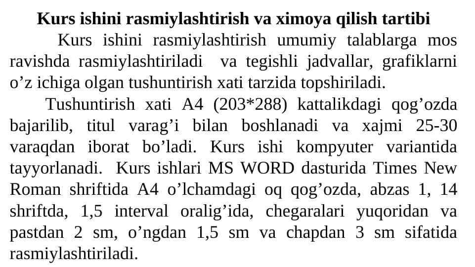 Kurs ishini rasmiylashtirish va ximoya qilish tartibi 1