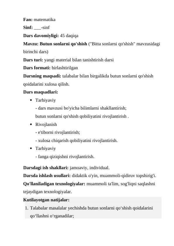 Butun sonlarni qo'shish 1