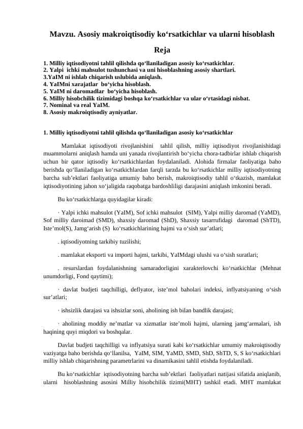 Asosiy makroiqtisodiy ko‘rsatkichlar va ularni hisoblash
