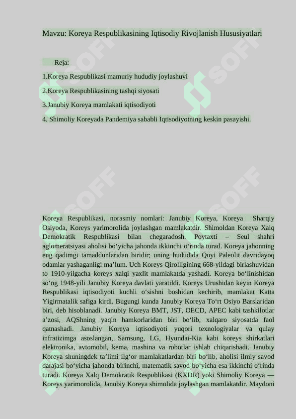 Koreya Respublikasining Iqtisodiy Rivojlanish Hususiyatlari 2