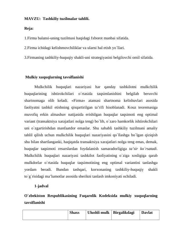 Tashkiliy tuzilmalar tahlili.
