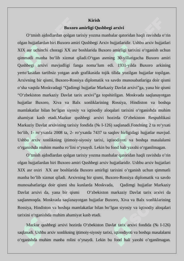 Qo’shbegi arxiv hujjatlarining Buxoro  tarixi va o’rganilishi 2