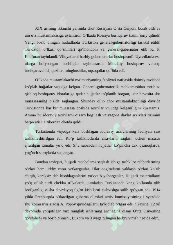 Chor Rossiyasi mustamlakachiligi davrida Turkistonda arxiv ishi 2