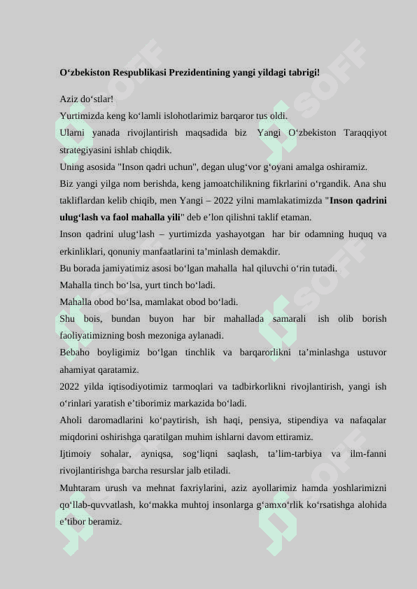 2022 – yil “Inson qadrini ulug‘lash va faol mahalla yili” 2