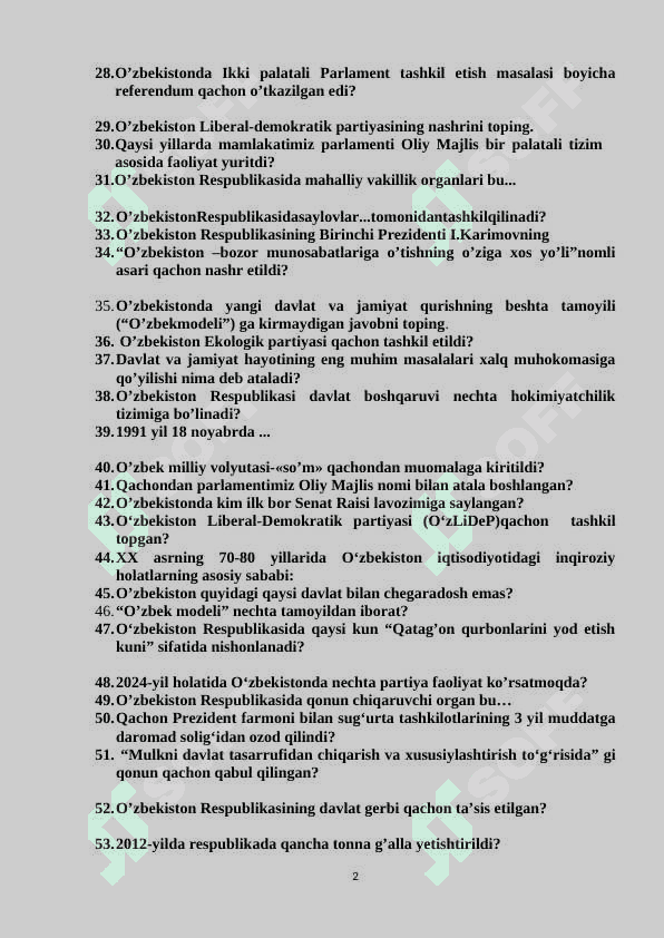 Oʻzbekiston yangi tarixidan sessiya test savollari 2