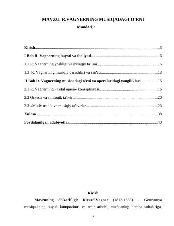 R.VAGNERNING MUSIQADAGI O’RNI