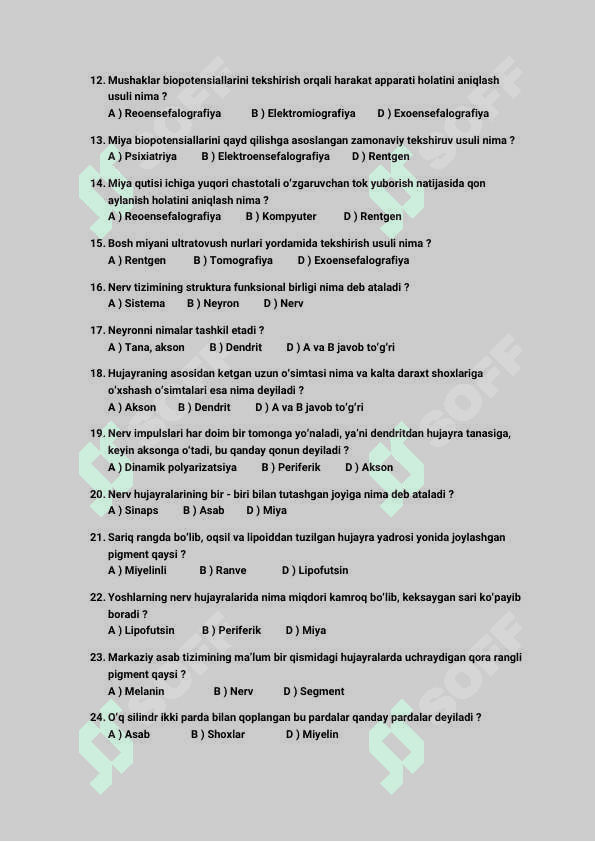 Asab va ruhiy kasalliklar fanidan test savollari javoblari bilan 2