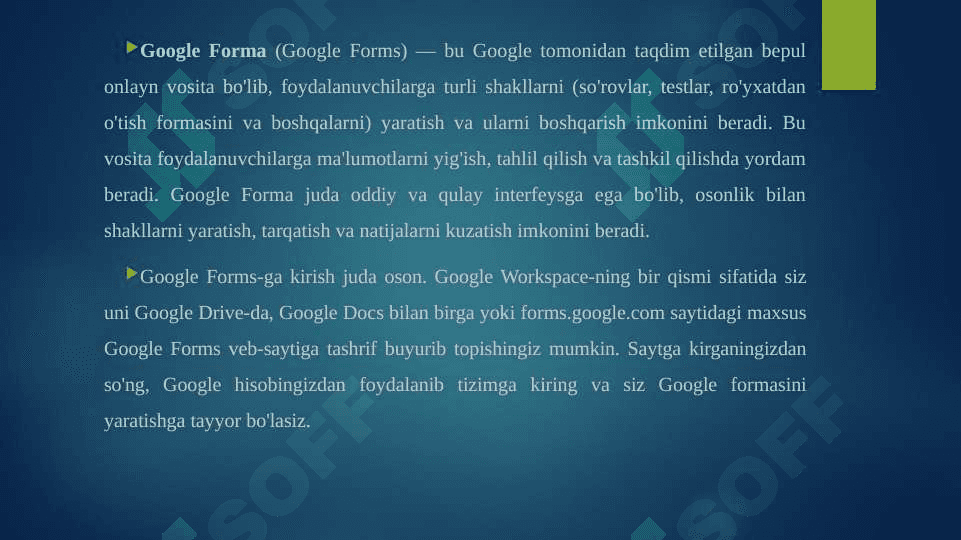 Google formalar bo'limi yordamida forma tayyorlash 2