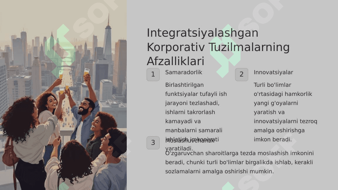 1.Integratsiyalashgan Korporativ Tuzilmalarining Asosiy Xususiyatlari 2.Integratsiyalashgan Korporativ Tuzilmalarning Afzalliklari 3.Integratsiyalashgan Korporativ Tuzilmalarda Innovatsiyalarni Qo'llab-quvvatlash 3