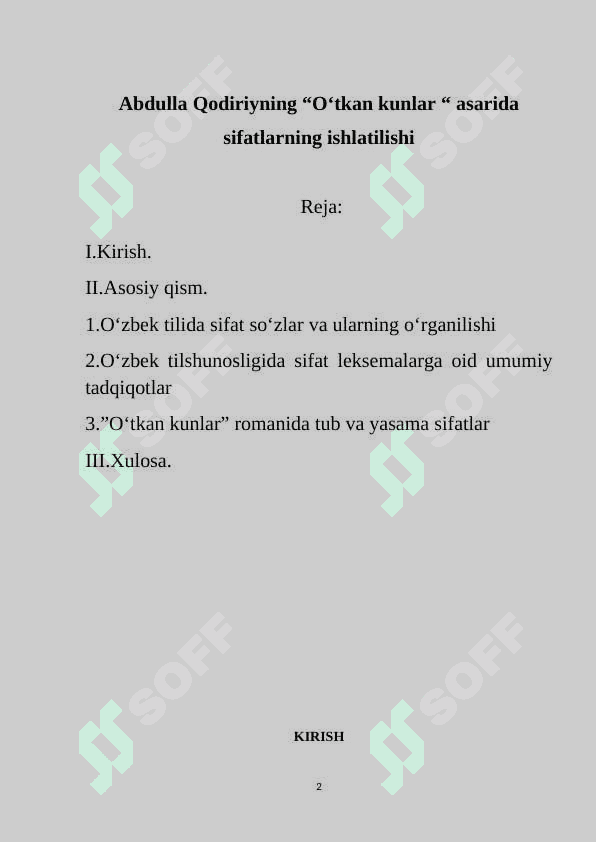 Abdulla Qodiriyning “O‘tkan kunlar “ asarida sifatlarning ishlatilishi 2