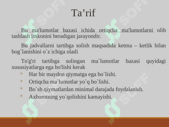 Ma’lumotlar bazasini normallashtirish. 1NF, 2NF, 3NF va Kod normal formalari 3