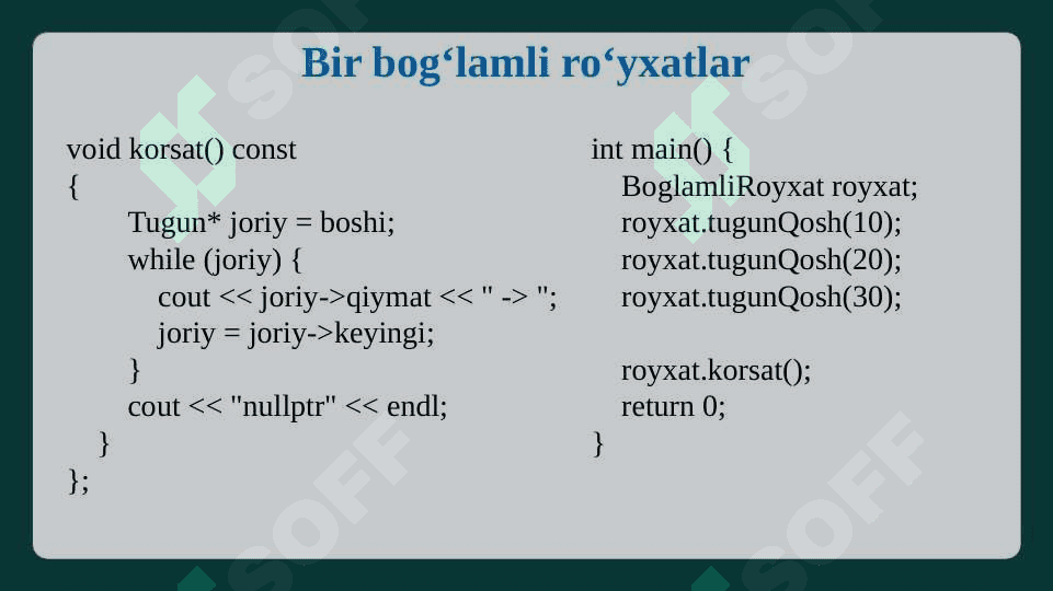 Bir va ikki  bog‘lamli ro‘yxatlar. Ko‘rsatgichlar bilan ishlash. 8