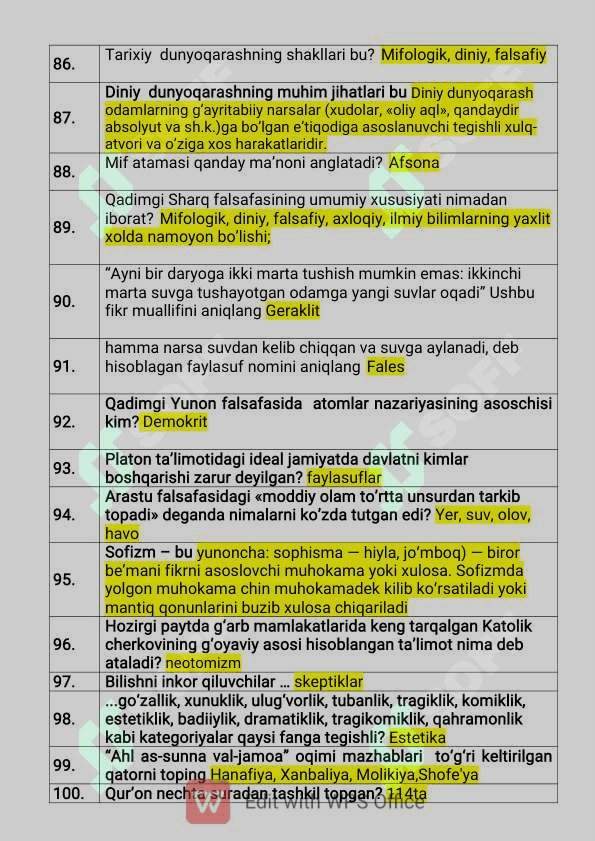 falsafa fanidan yakuniy nazorat testlari javoblari bilan 7