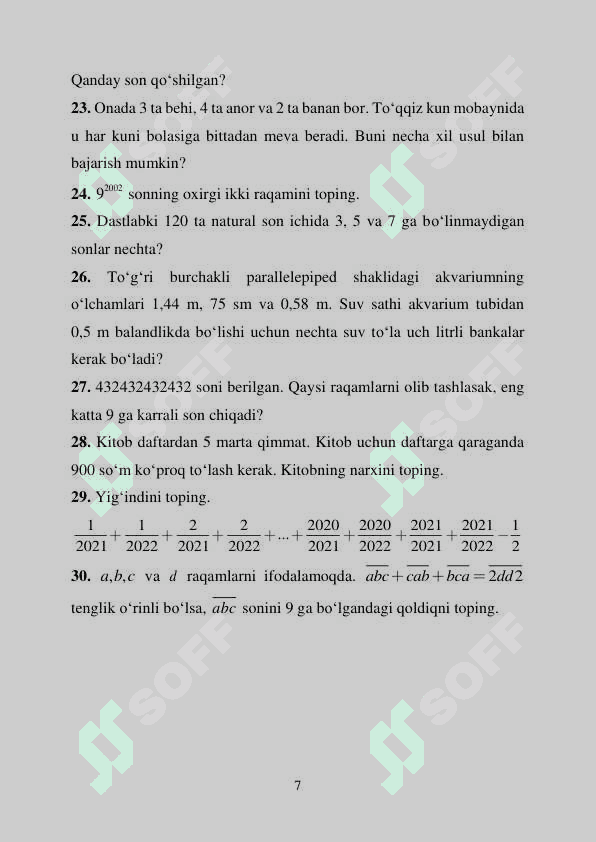 Matematika olimpiada test sinf 7