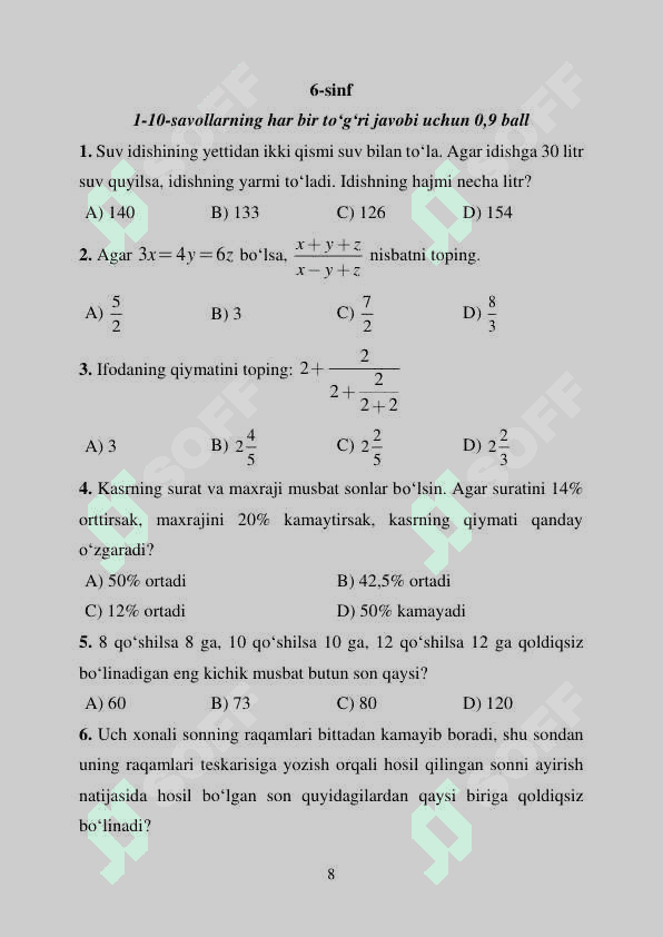 Matematika olimpiada test sinf 8