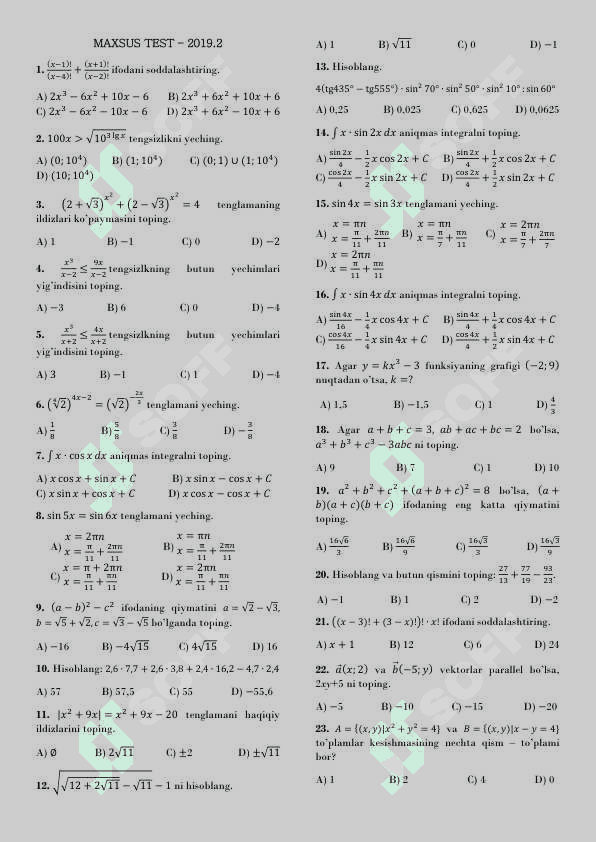 Matematika Milliy sertifikat uchun test 3