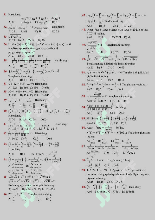 Nostandart masalalar matematika 2