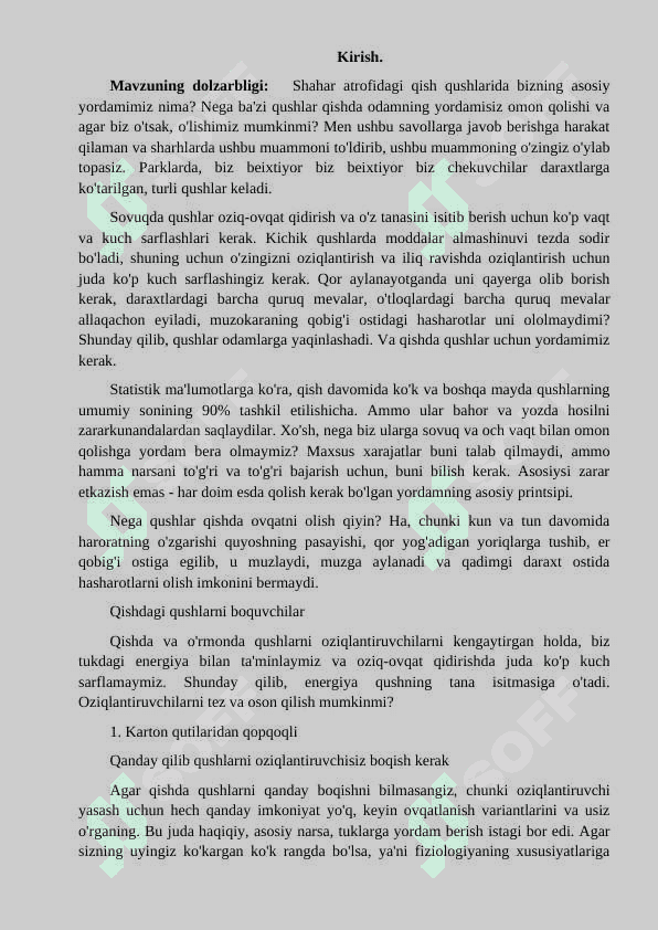 Qushlarning oziqlanishi va unga xos moslanishi   KURS ISHI 2