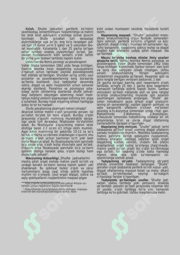 Diqqat xususiyatlari Shulte jadvalini sinaluvchilarda o'tkazish 2