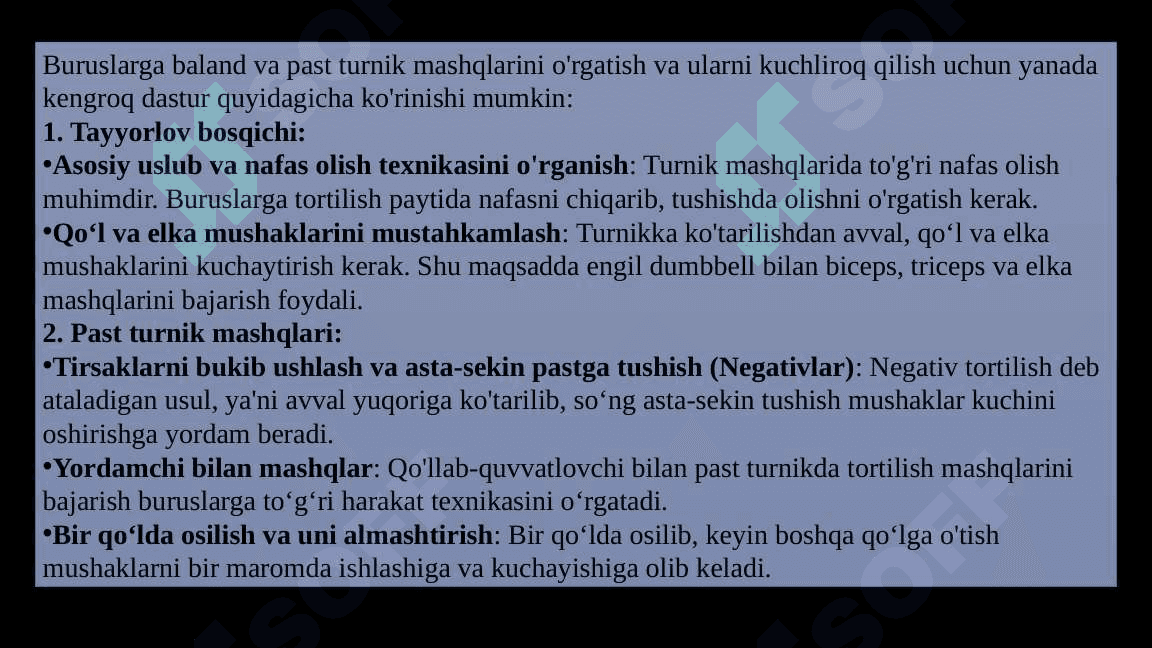 Buruslar baland va past turnikda mashqlarni bajarish oʻrgatish va takomillashtirish 4