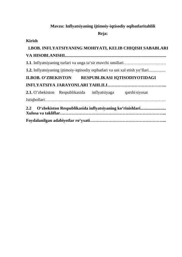 Inflyatsiyaning ijtimoiy-iqtisodiy oqibatlaritahlili