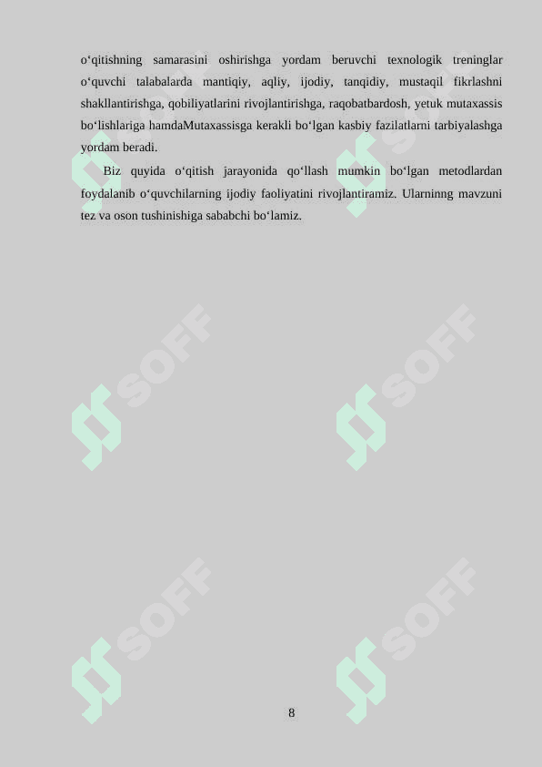 BOSHLANG`ICH SINFLARDA O`QUVCHILARNI IJODIY FIKRLASHGA O`RGATISH 8