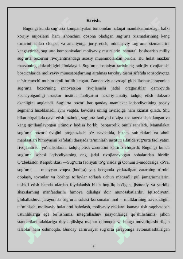 Sug’urta faoliyati qonunchiligining rivojlanishi. 2