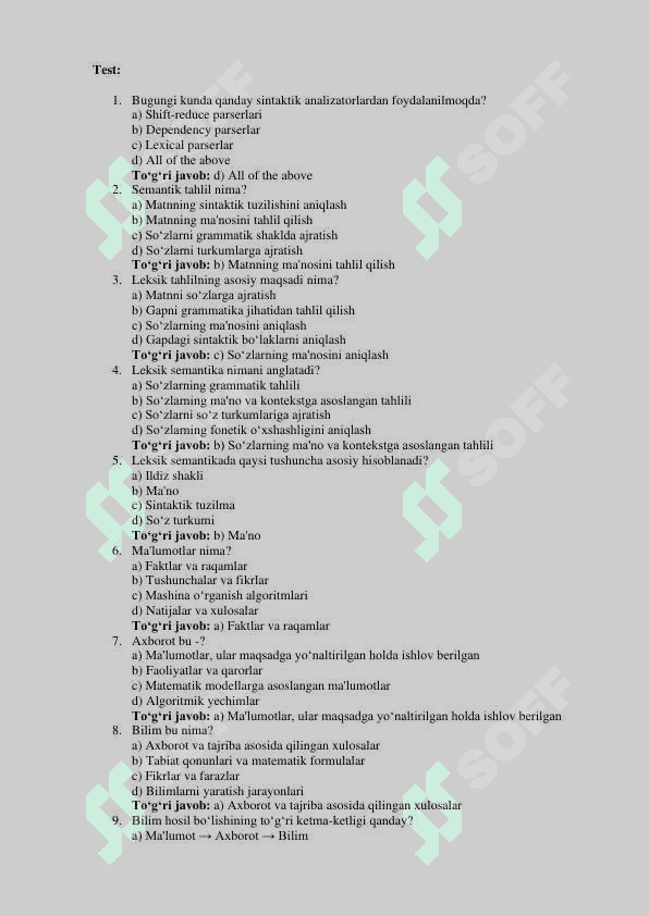 SUN’IY INTELLEKT FANIDAN YAKUNIY BAZA TESTI.  TATU. 4
