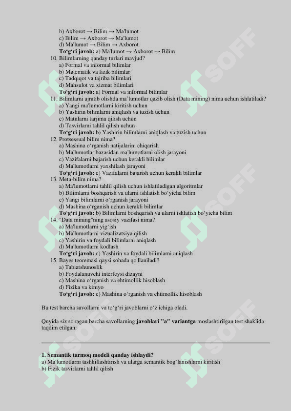 SUN’IY INTELLEKT FANIDAN YAKUNIY BAZA TESTI.  TATU. 5