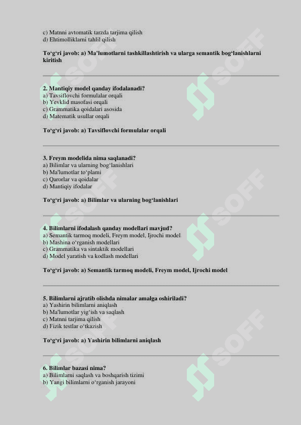 SUN’IY INTELLEKT FANIDAN YAKUNIY BAZA TESTI.  TATU. 6