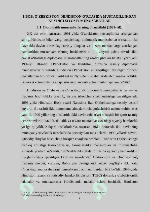 Kurs ishi O'zbekiston Hindiston o'rtasidagi diplomatik munosabatlar  munosabatlar 8
