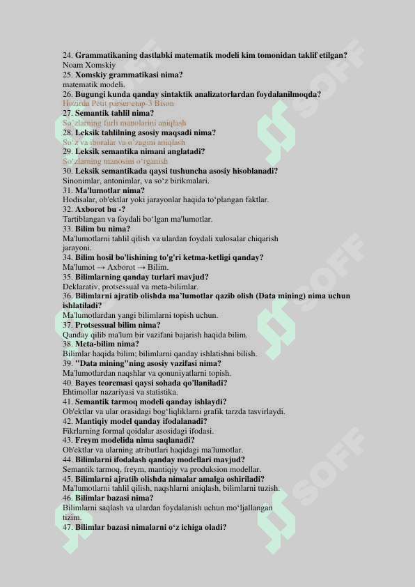 Sun’iy intellekt fanidan yakuniy baza savollari javoblari bilan. TATU. 2