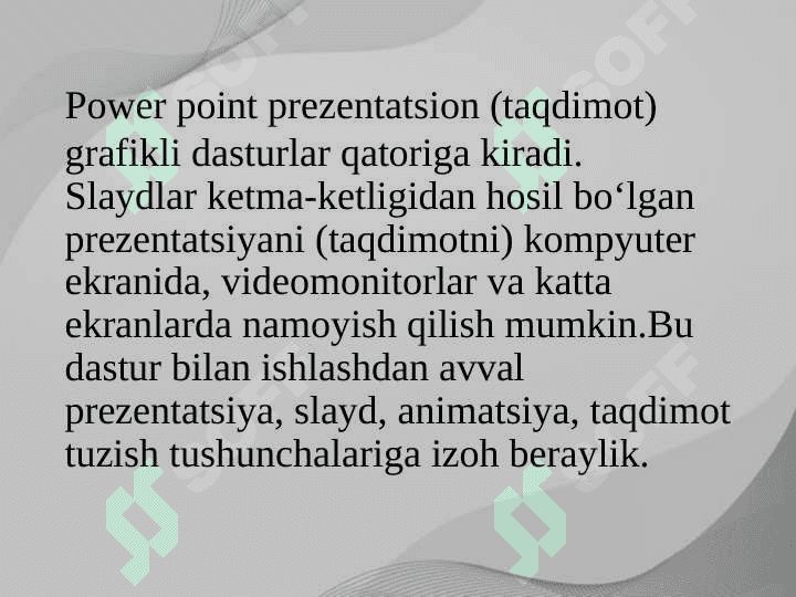 Power point dasturi yordamida darslarga ko'rgazmali qurollar tayorlashni o'rgatish. 2