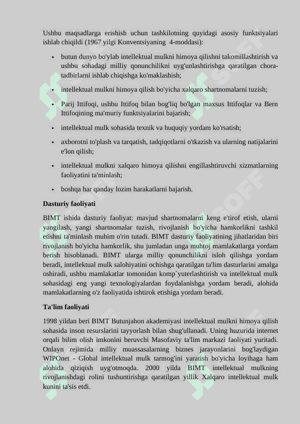 BUTUNJAHON INTELLEKTUAL MULK TASHKILOTI. O'ZBEKISTONDA PATENT HUQUQINI TA'MINLASH YO'NALISHLARI 5