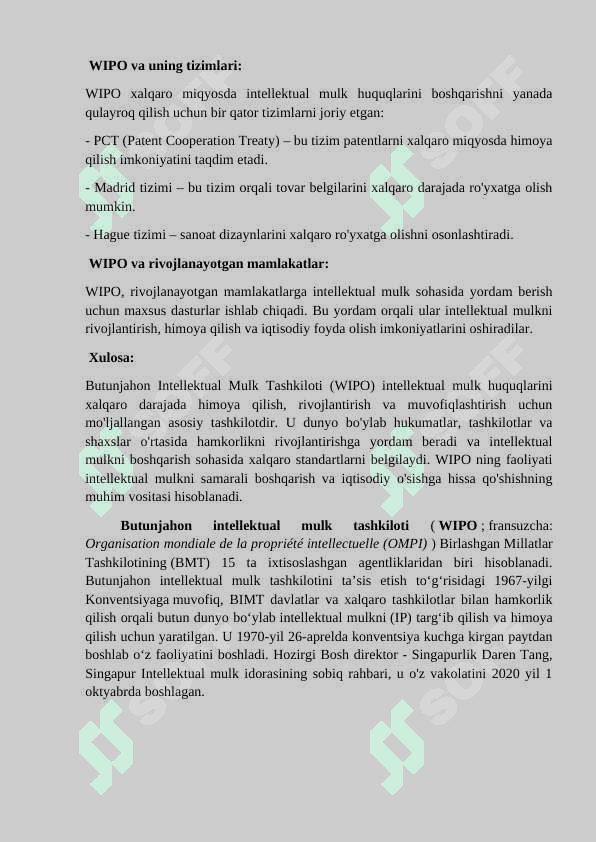 BUTUNJAHON INTELLEKTUAL MULK TASHKILOTI. O'ZBEKISTONDA PATENT HUQUQINI TA'MINLASH YO'NALISHLARI 8
