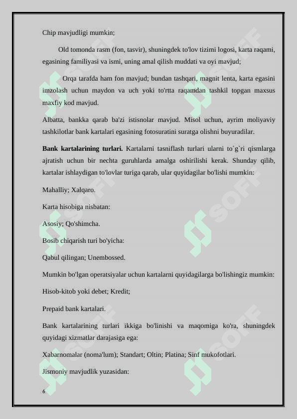 Bank kartalari bilan operatsiyalar va ularning hisobi 6