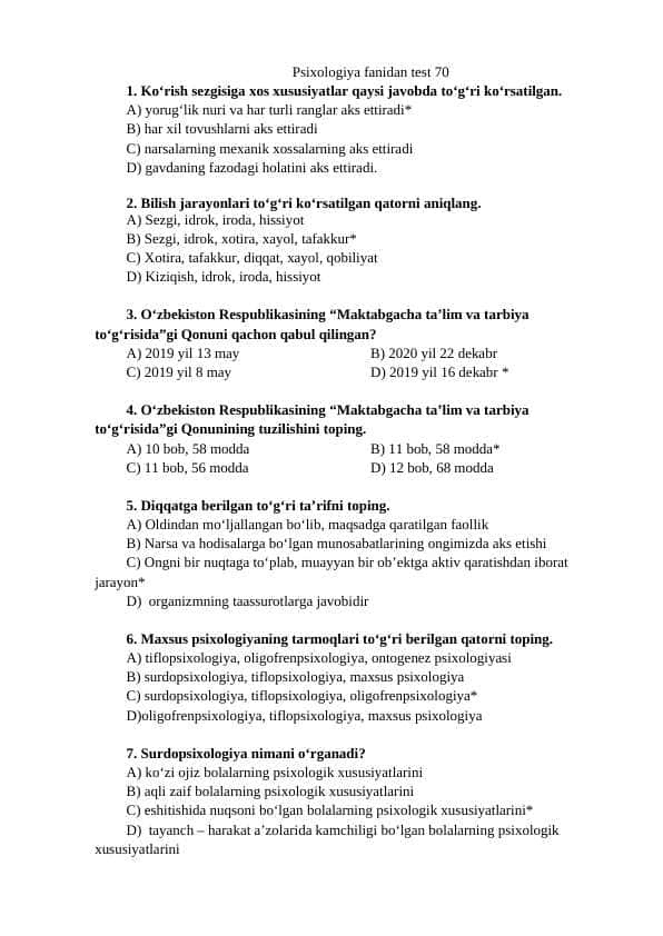 Psixologiya fanidan test savollari javoblari bilan - 70