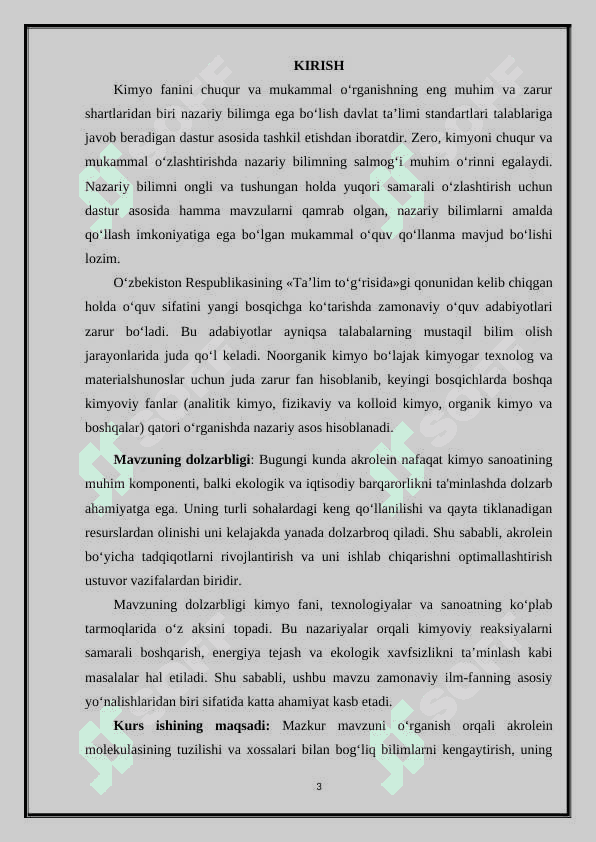 Akrolein va uning birikmalarini molekula tuzilishi olinishi xossalari va ishlatilishi 3