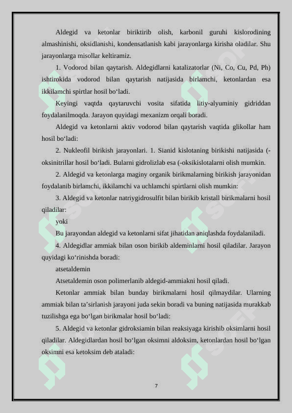 Akrolein va uning birikmalarini molekula tuzilishi olinishi xossalari va ishlatilishi 7