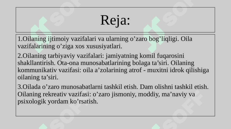 OILANING IJTIMOIY VAZIFALARI,  OILAVIY ROLLAR 2