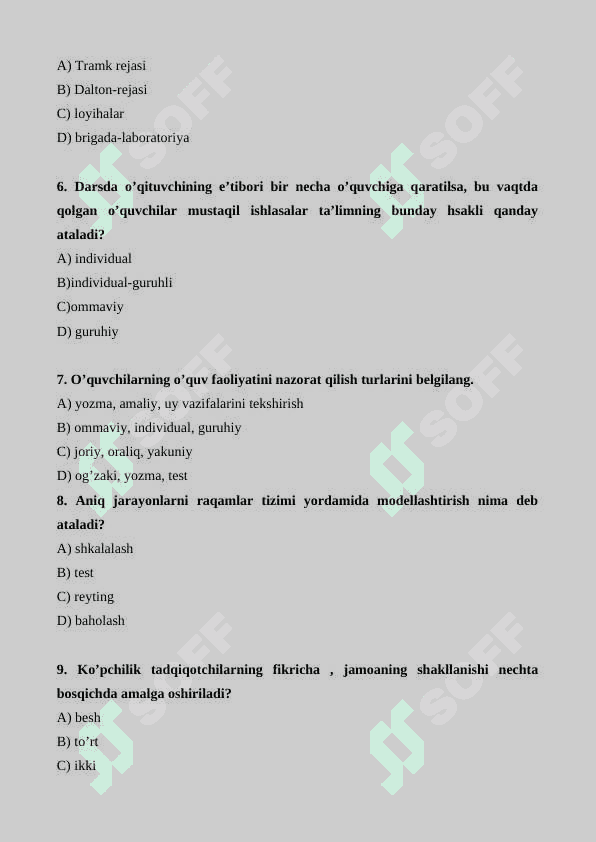“PEDAGOGIKA.” FANIDAN 1-ORALIQ NAZORAT UCHUN TEST SAVOLLARI 4