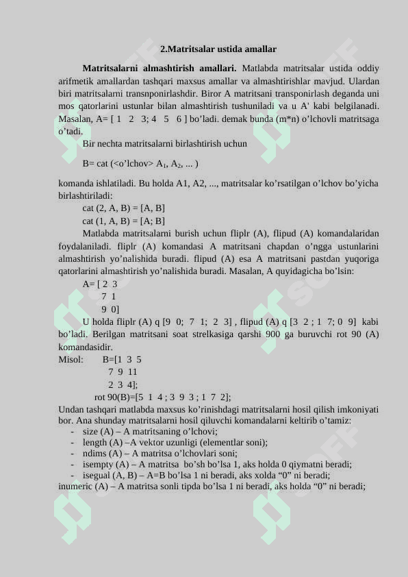 MATLAB tizimida matrisalar ustida amallar 5