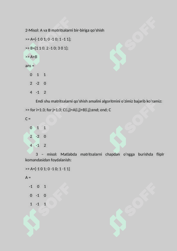 MATLAB tizimida matrisalar ustida amallar 7