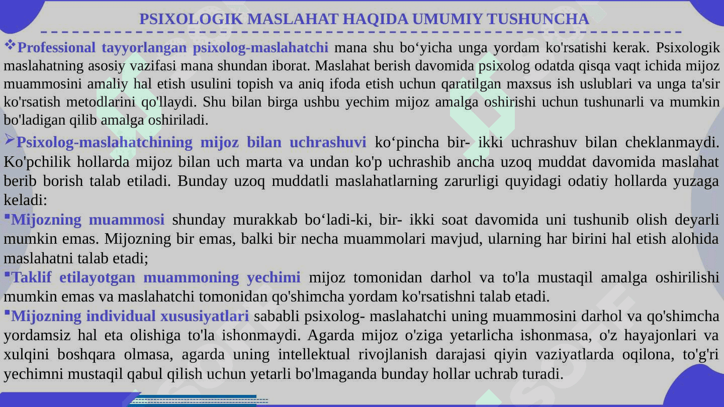 Psixologik maslahat va treningni maxsus muammolari 6