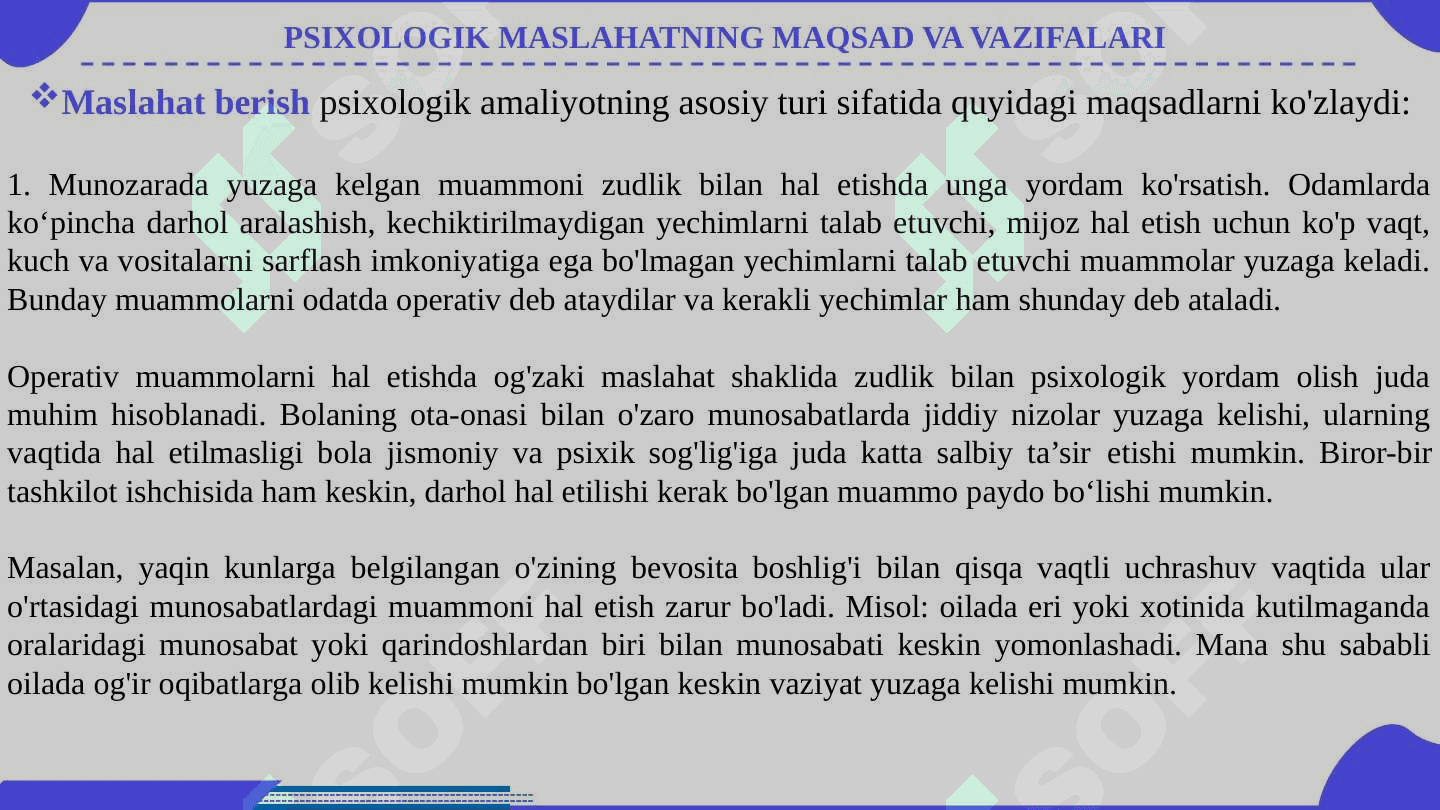 Psixologik maslahat va treningni maxsus muammolari 8